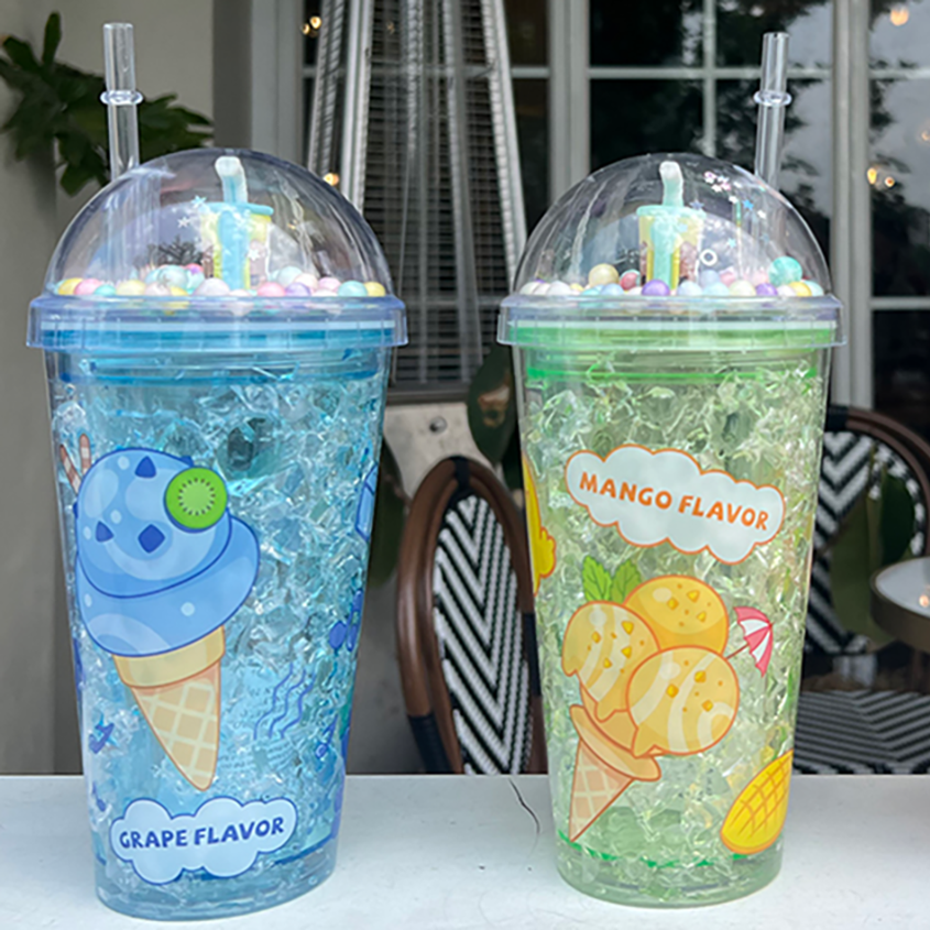 Ins-style ice cream-themed crushed ice straw cup with grape, mango and strawberry flavors, summer cooling cup, cute and portable water cup with a girlish heart full figure