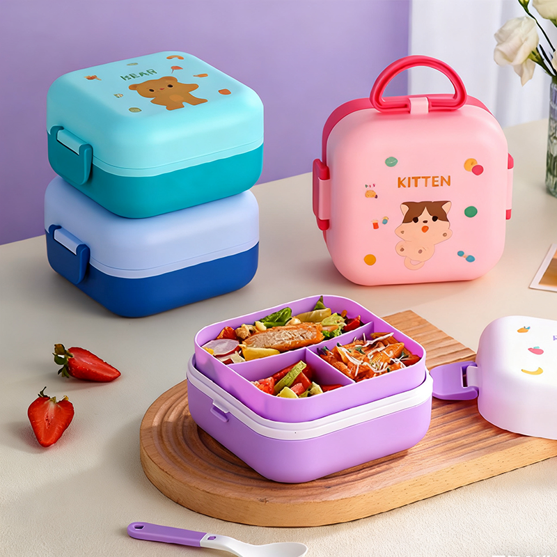 萌宠卡通手提双层便当盒 兔子猫咪小熊造型餐盒 学生便携分隔保鲜饭盒详情2