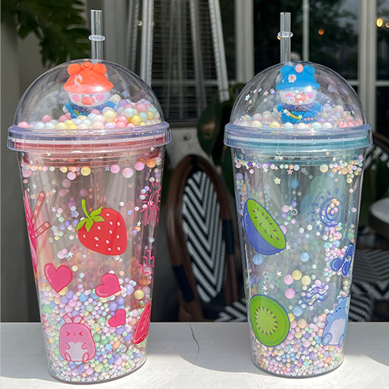 ins 风卡通公仔吸管杯 草莓猕猴桃芒果水果图案 彩色珠珠少女心水杯 便携高颜值网红杯子详情2