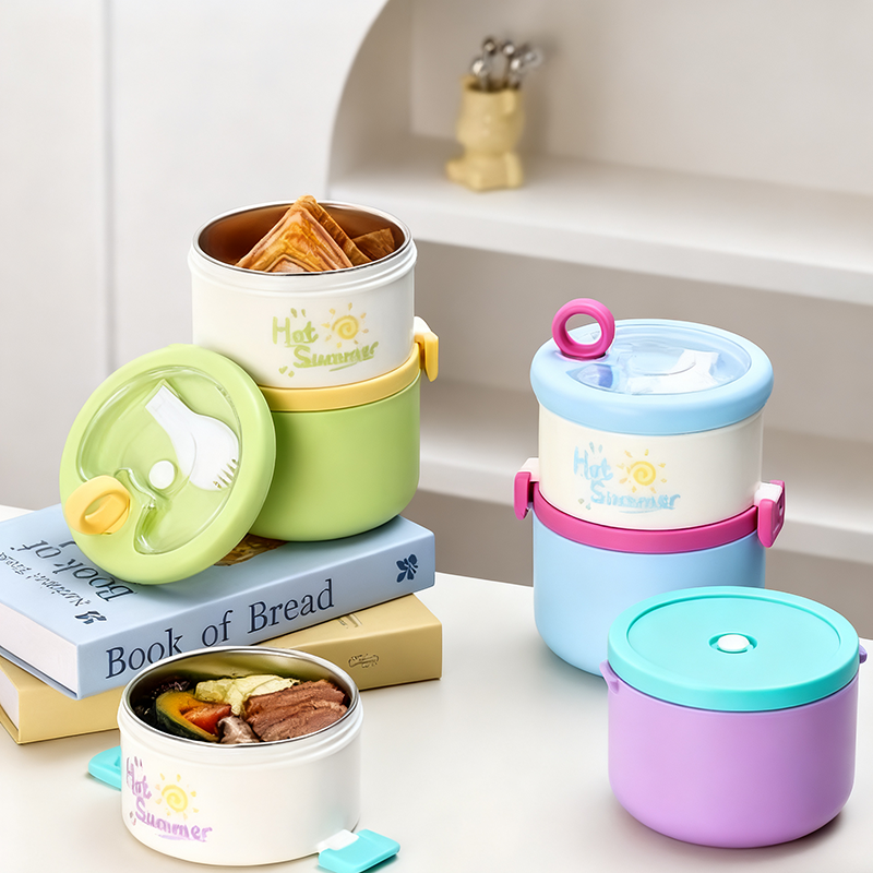 马卡龙色多层分隔便携饭盒 Hot Summer 清新设计 上班族学生密封保温便当盒 小巧可爱带饭神器详情2