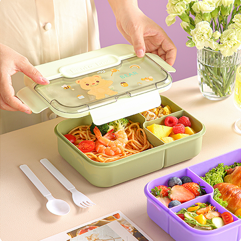 卡通萌宠多色分隔便当盒 小熊兔子猫咪造型餐盒 学生便携带勺保鲜饭盒详情2