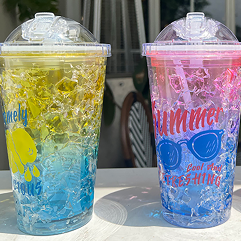 Three cool and creative crushed ice cups for summer in an ins style with a high level of appearance. Lemon/Sunglasses/Hawaiian ukulele pattern portable cooling water cups full figure