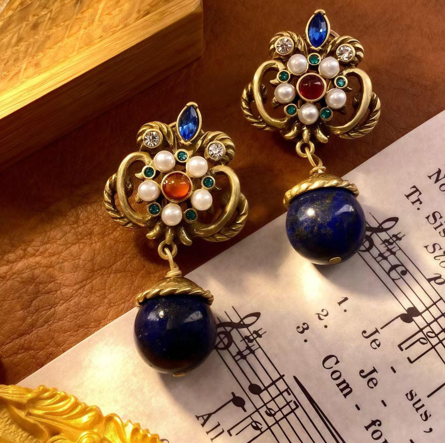 【SUGEBEINI】彩宝珠珠拼接青金石复古耳坠ZEH00060