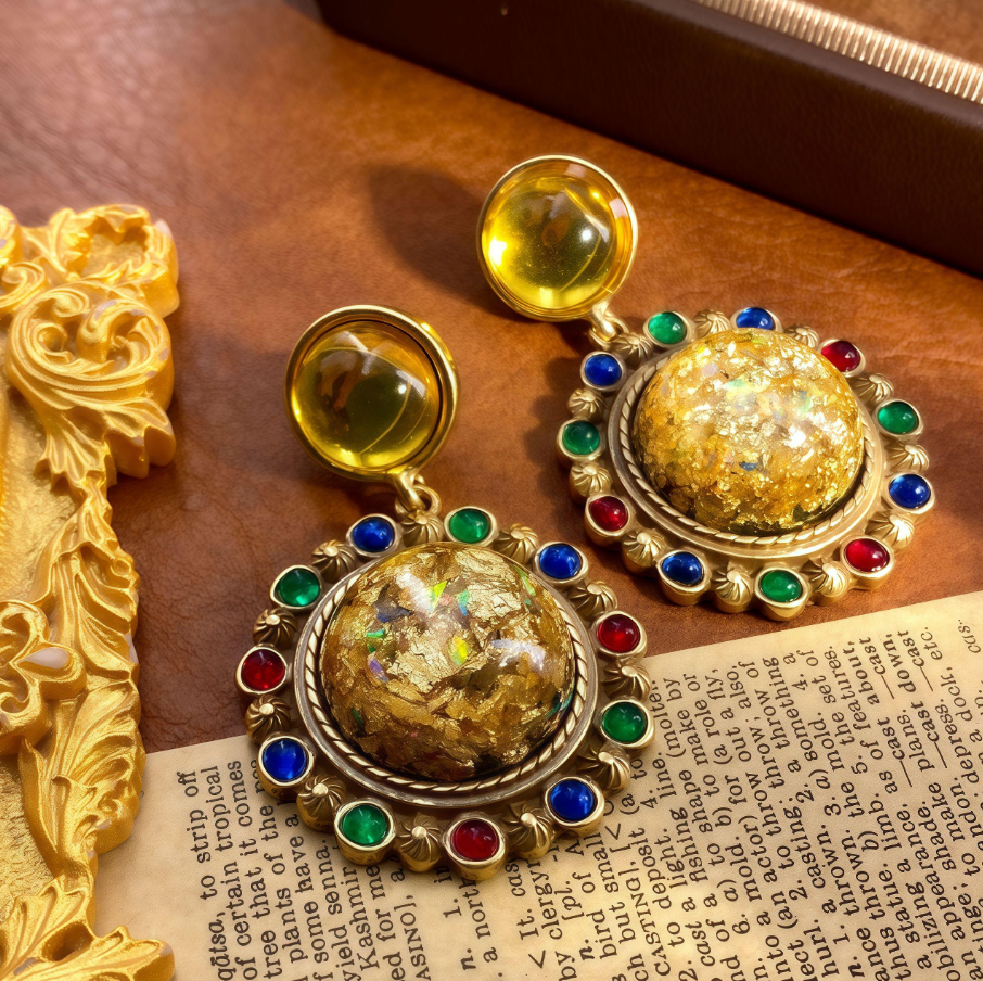 【SUGEBEINI】 Color Diamond gold foil round Earrings, retro court style round earrings ZEH00101