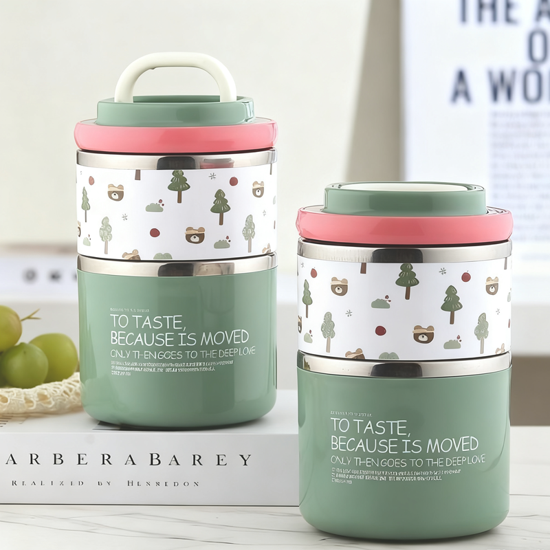 小熊森林图案分层便当盒 不锈钢密封保鲜餐盒 学生上班族便携保温带饭盒详情2