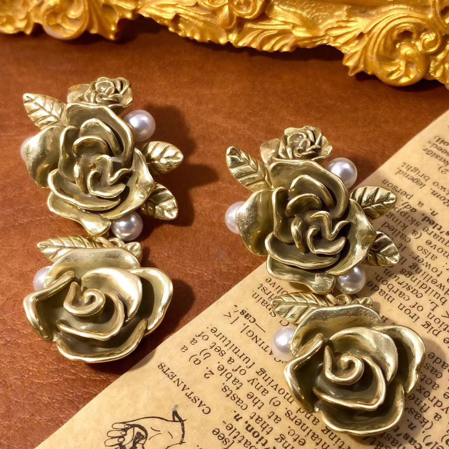 【SUGEBEINI】 Retro court-style golden rose bead stud earrings with a niche design sense. Rose stud earrings ZEH00080