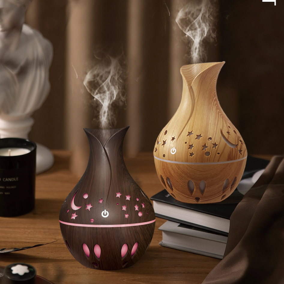 Star and Moon Hollowed-out humidifier with wood grain is a best-selling household small humidifier Application Scenario
