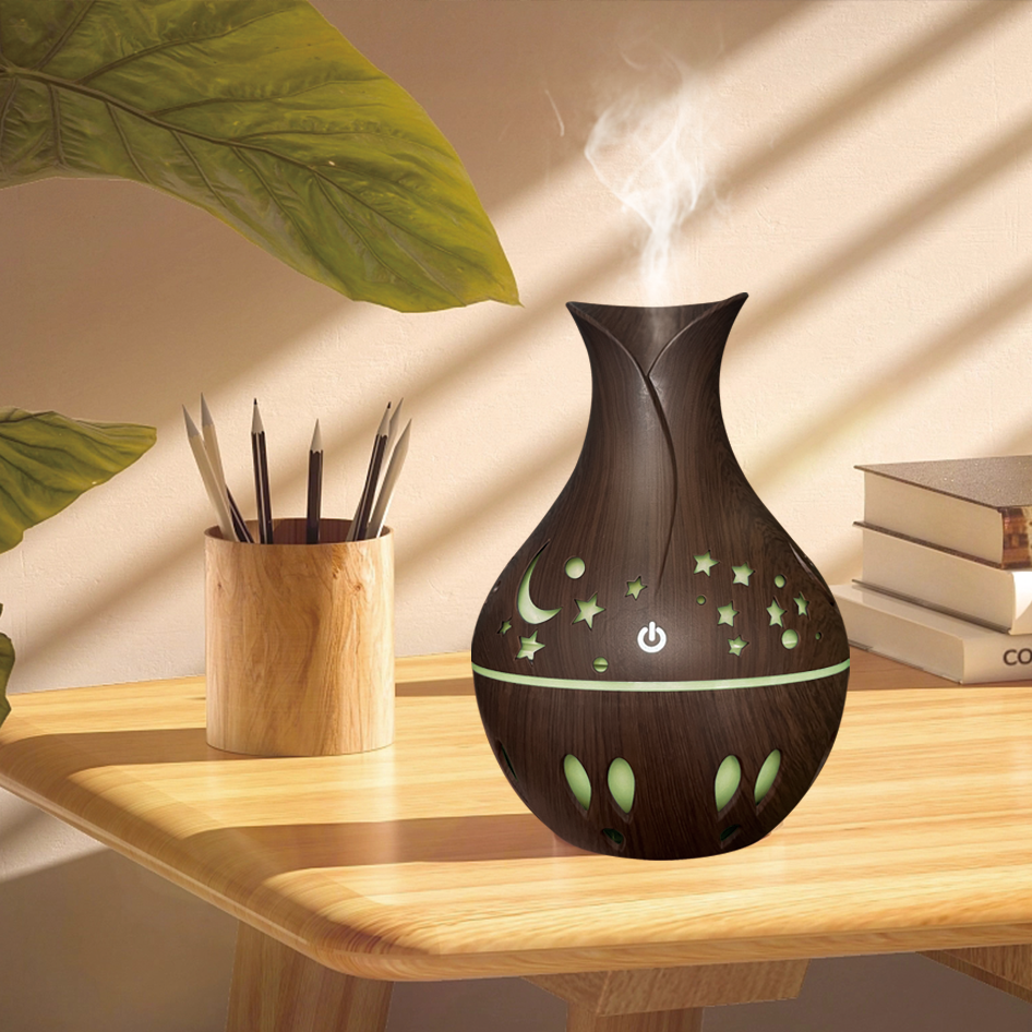 Star and Moon Hollowed-out humidifier with wood grain is a best-selling household small humidifier Item Picture