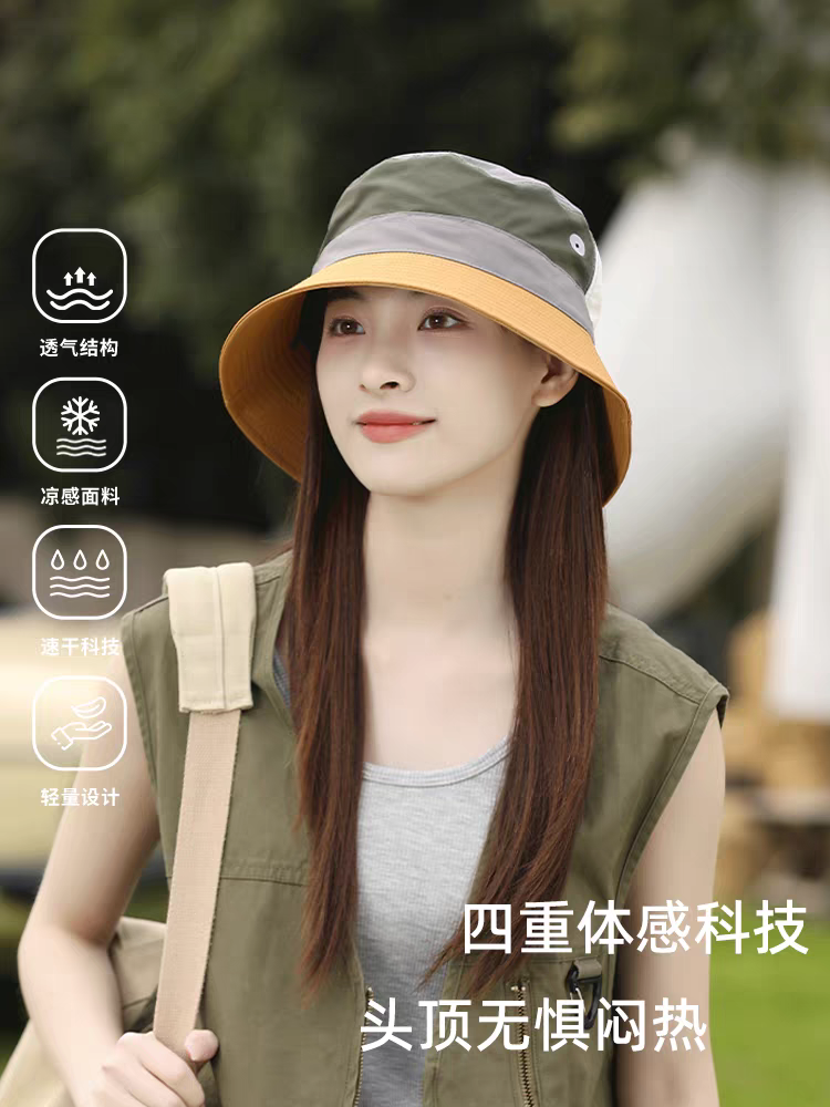 The new color-blocked UV-resistant fisherman's hat is fashionable, waterproof and casual. It's a cute hooded hat for women details Picture