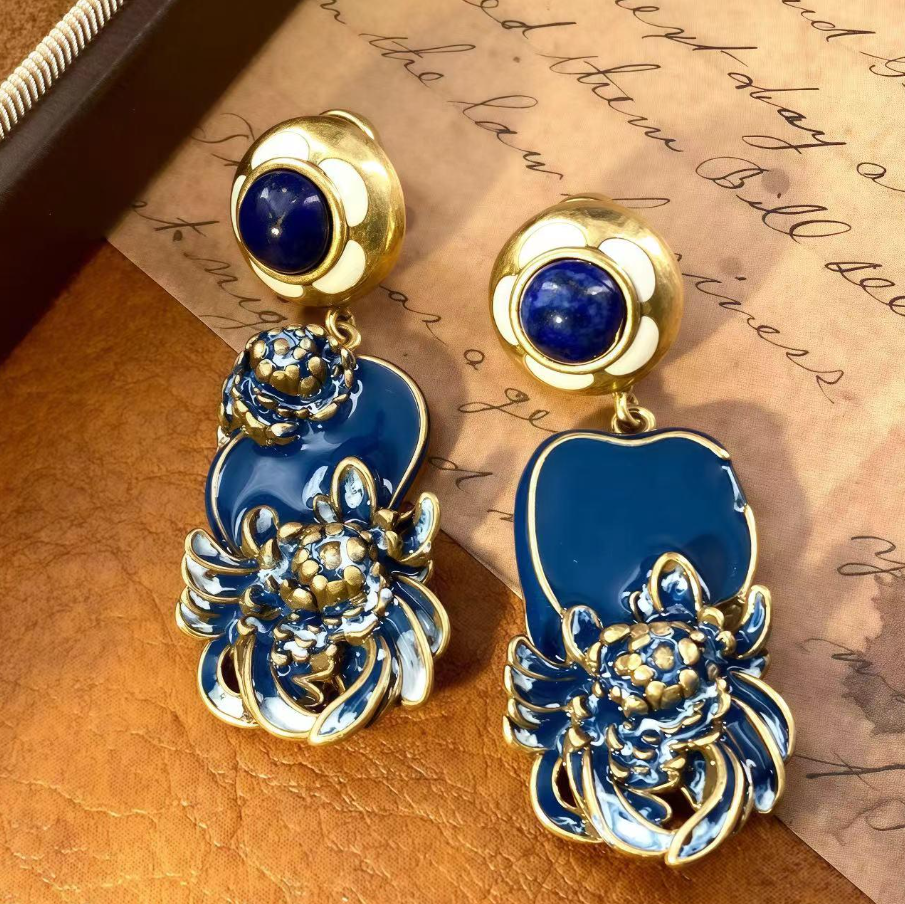 【SUGEBEINI】珐琅花朵不对称耳坠 轻奢国风复古珐琅耳坠ZEH00185