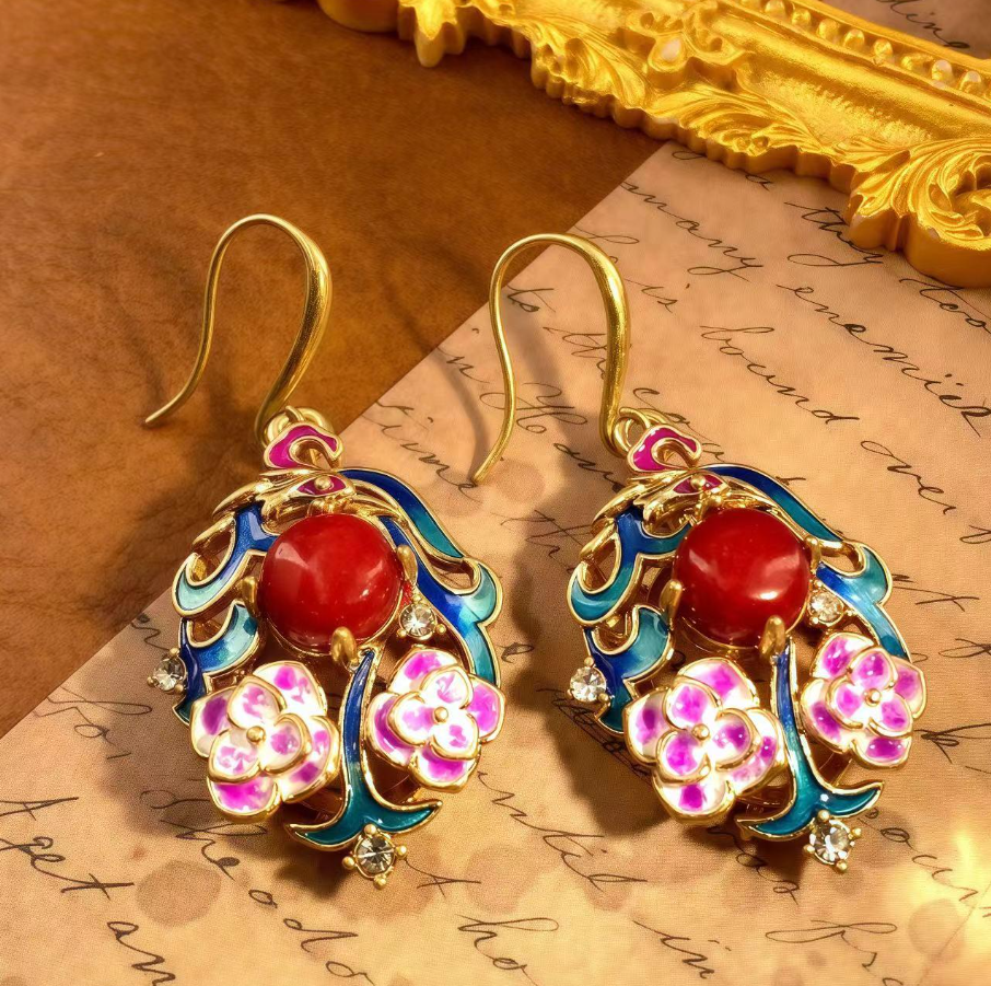 【SUGEBEINI】 Enamel diamond red bead flower cluster earrings, retro court style earrings ZEH00179