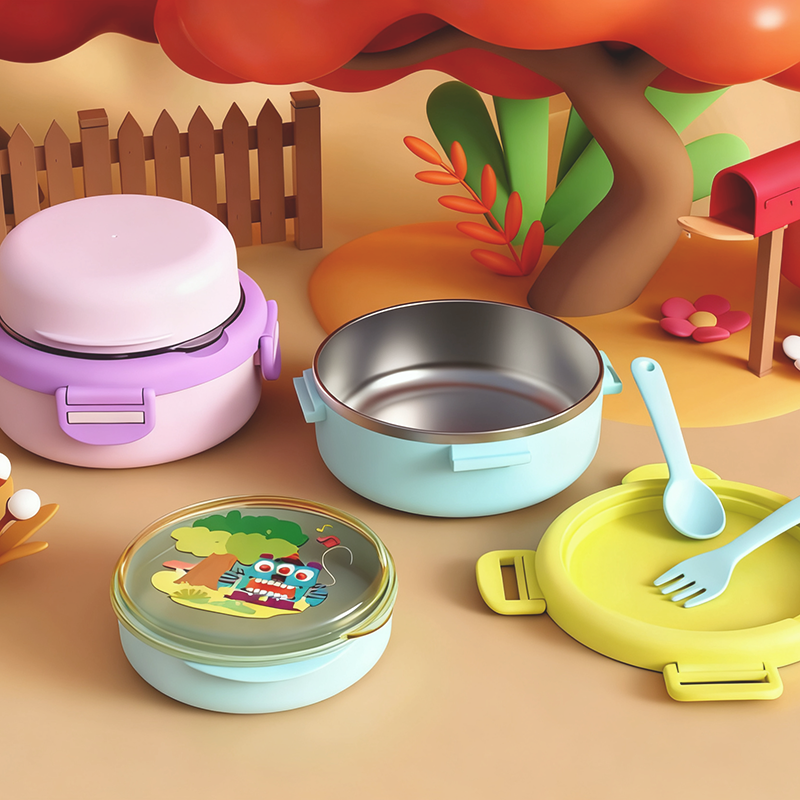 卡通图案不锈钢双层饭盒 儿童学生便携密封餐盒 带餐具分隔便当盒详情2