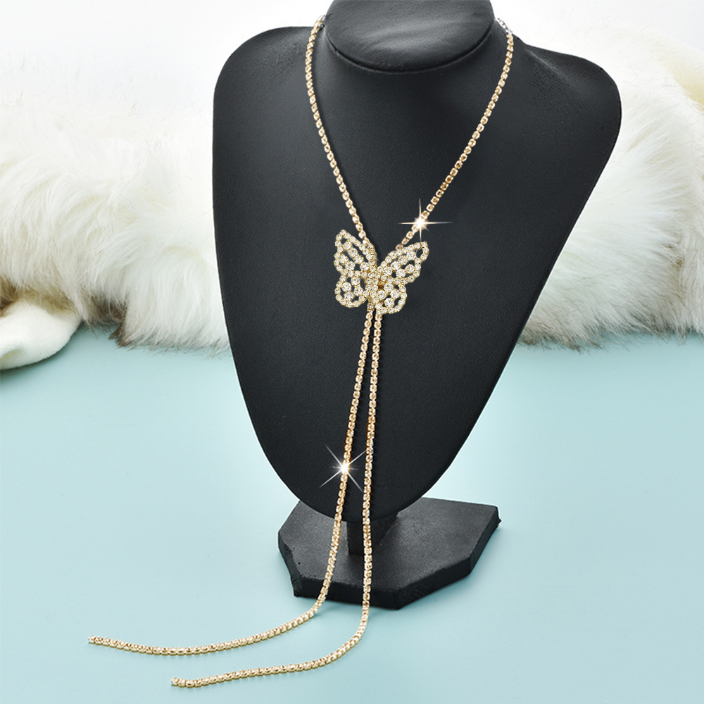 Autumn and winter sweater chain, European and American cross-border bow, long rhinestone sweater chain, women's light luxury and elegant clothing accessory necklace details Picture