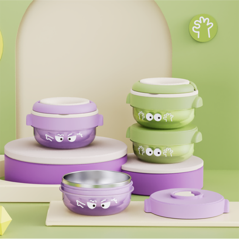 卡通表情折叠辅食碗 双层不锈钢便携饭盒 宝宝防烫防摔餐具套装详情2