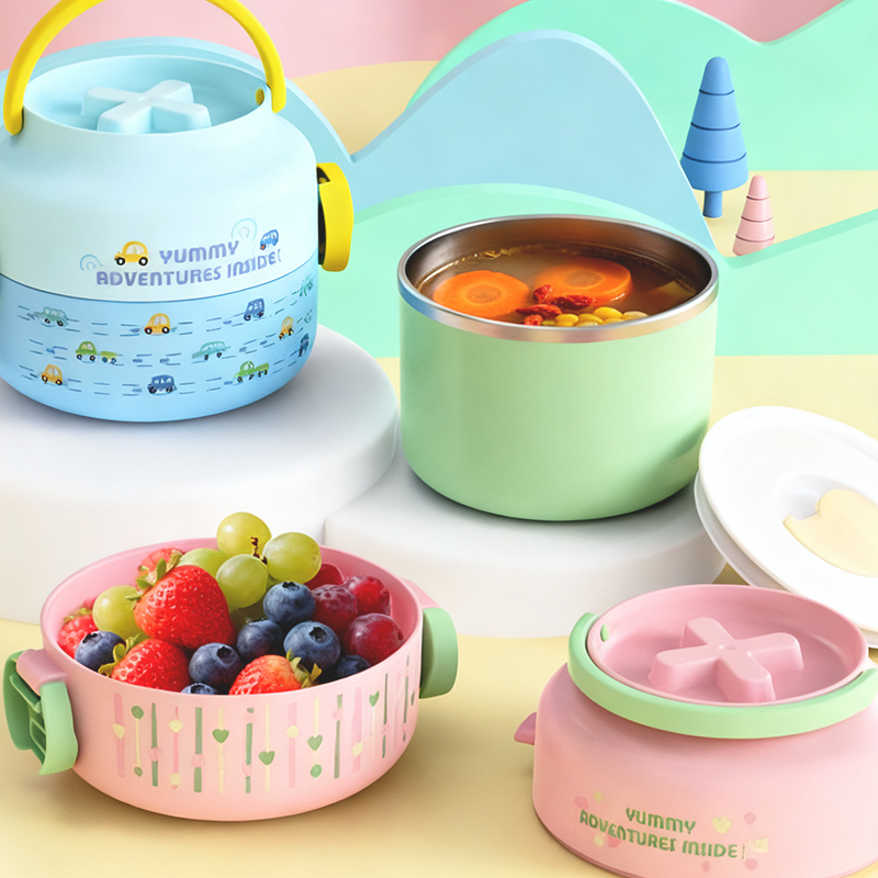 卡通汽车折叠辅食碗 不锈钢防烫便携餐盒 宝宝带手柄分隔餐具套装详情2