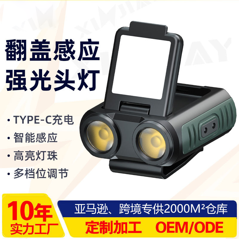跨境新款感应夹帽灯USB充电户外防水帽檐灯头带夜钓灯LED强光头灯
