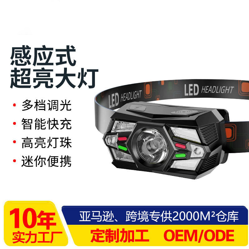 新款LED头灯挥手感应头灯USB充电头戴式夜跑步钓鱼迷你头灯批发