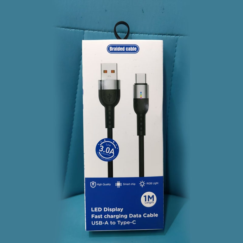 1-meter-long 3A braided data cable, supporting fast charging with RGB lighting effect smart chip for high-quality transmission Specification image