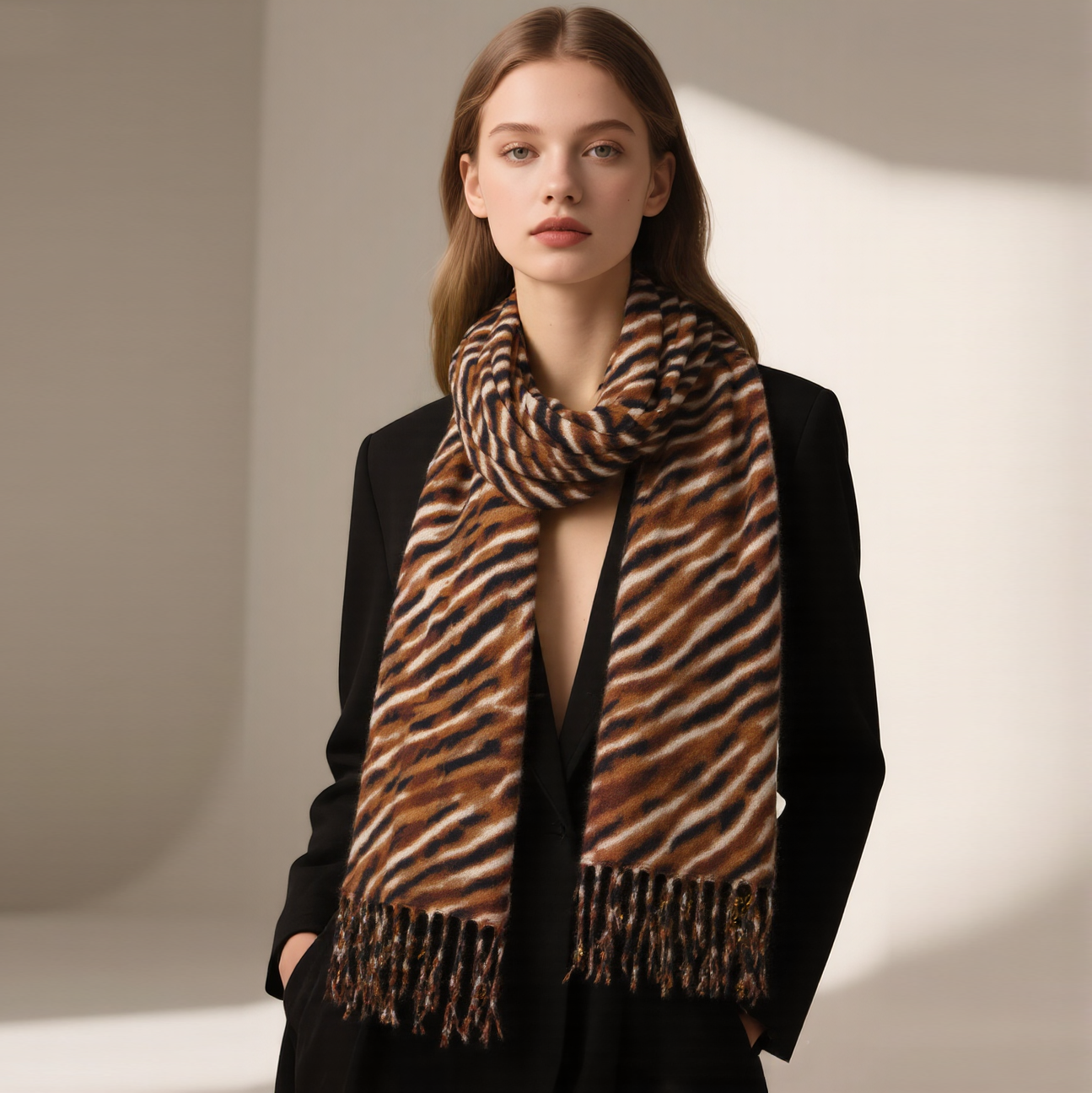 跨境外贸秋冬季仿羊绒斑马纹印花围巾披肩两用通勤高级感防寒围脖