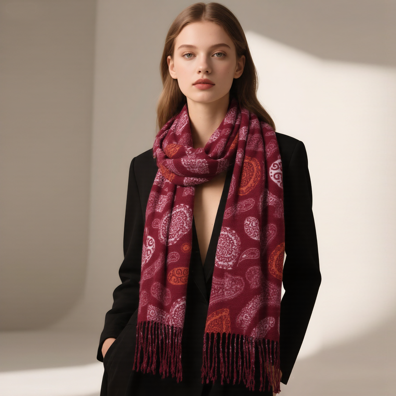 temu跨境秋冬欧美围脖时尚腰果加厚百搭披肩高级感仿羊绒针织围巾