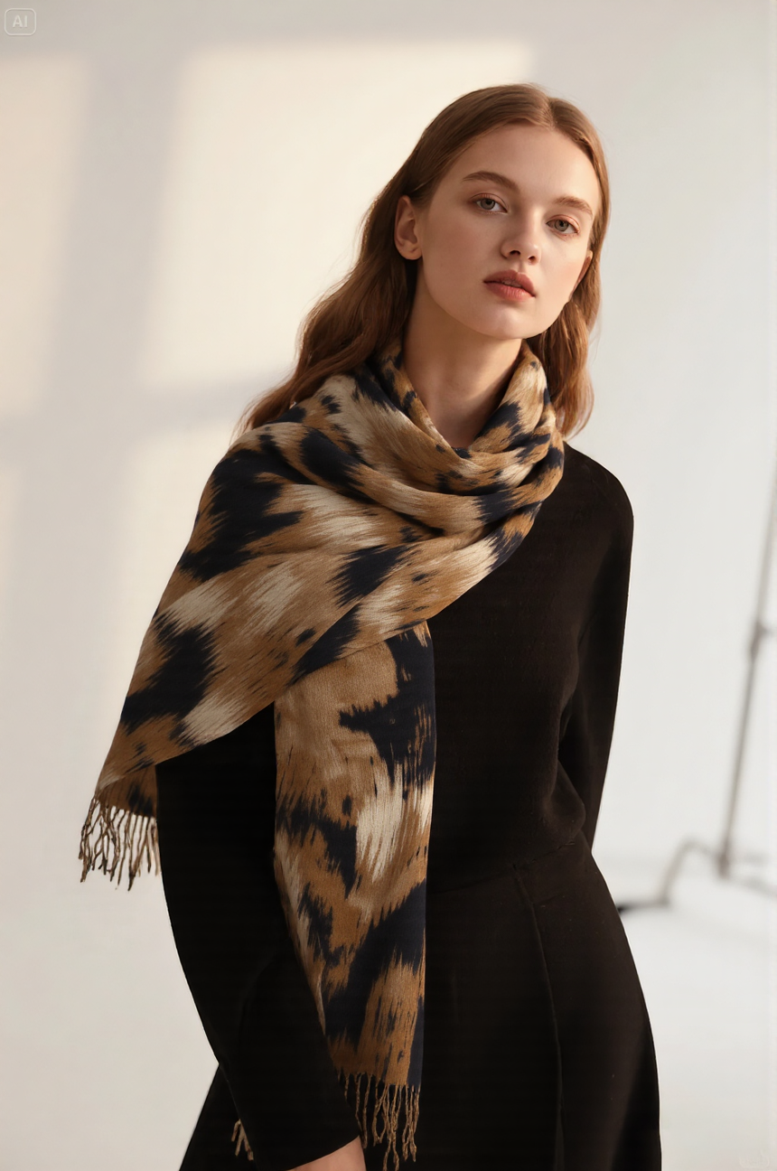 2025跨境仿羊绒涂鸦色块印花围巾女冬季时尚简约围脖中长款保暖披