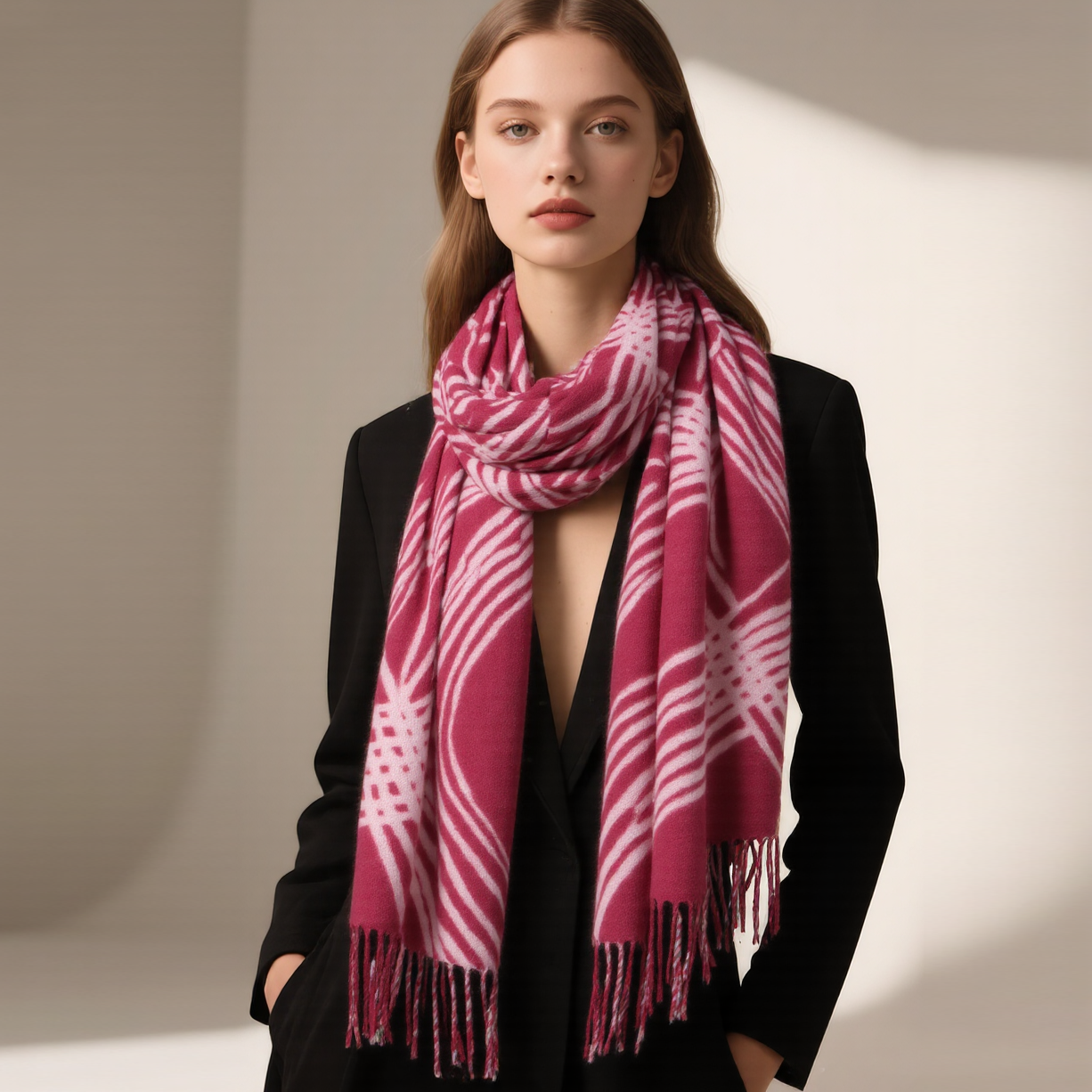 亚马逊羊绒手感秋冬线条印花围巾欧美女士仿羊绒围脖披肩跨境外贸