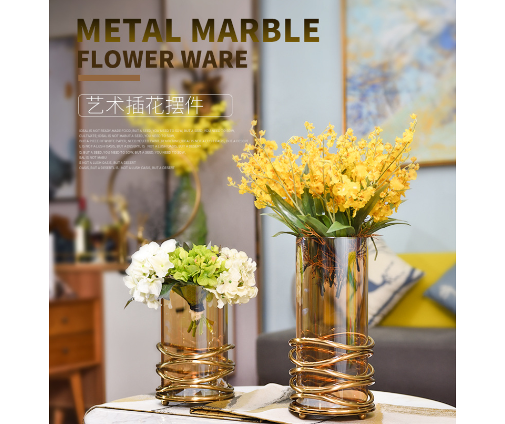 现代简约金属铁架玻璃花器插花水培透明花瓶摆件客厅样板间2222
