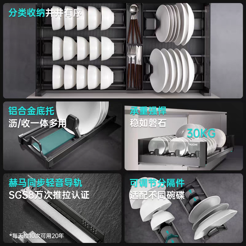 NUOMI诺米厨房橱柜铝合金抽屉阻尼拉篮钢化玻璃单双层碗碟架700柜双层套餐