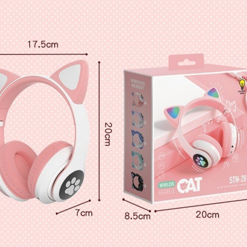 STN-28 Cat Ears Bear Footprints Colorful Light Effect Over-ear Headphones with Flashing Light 5.0 Bluetooth Wireless Sports and Casual Card Folding Model details Picture
