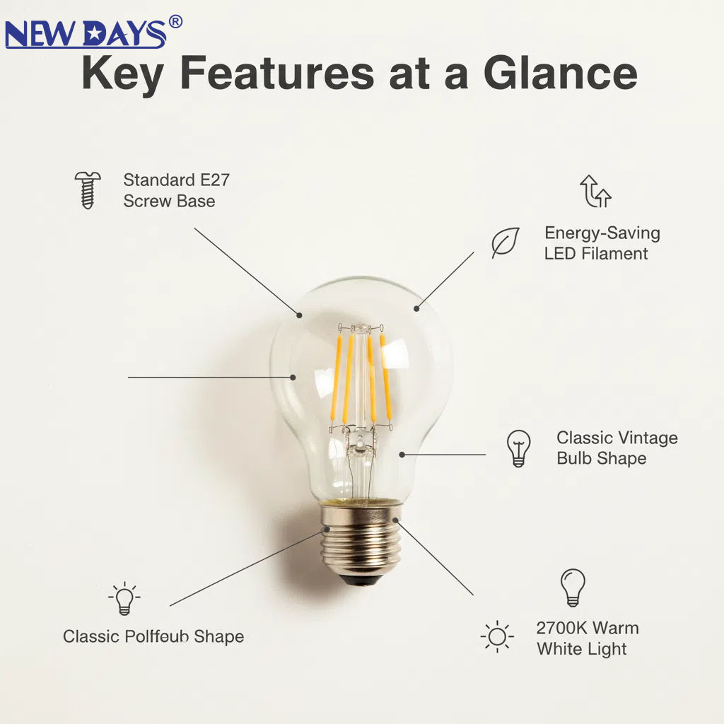 NEWDAYS brand cross-border new A60 transparent filament lamp, E27 commonly used screw-type retro American energy-saving bulb, energy-saving high-brightness, ultra-long battery life, limited-time discount bulb