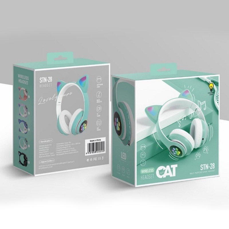 STN-28 Cat Ears Bear Footprints Colorful Light Effect Over-ear Headphones with Flashing Light 5.0 Bluetooth Wireless Sports and Casual Card Folding Model Item Picture