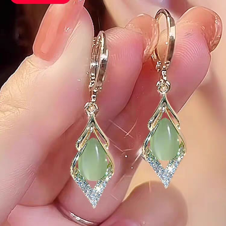 绿色猫眼耳环2025新款女高档镶钻洋气耳扣轻奢气质耳坠妈妈耳饰女耳钉耳堵饰品0028