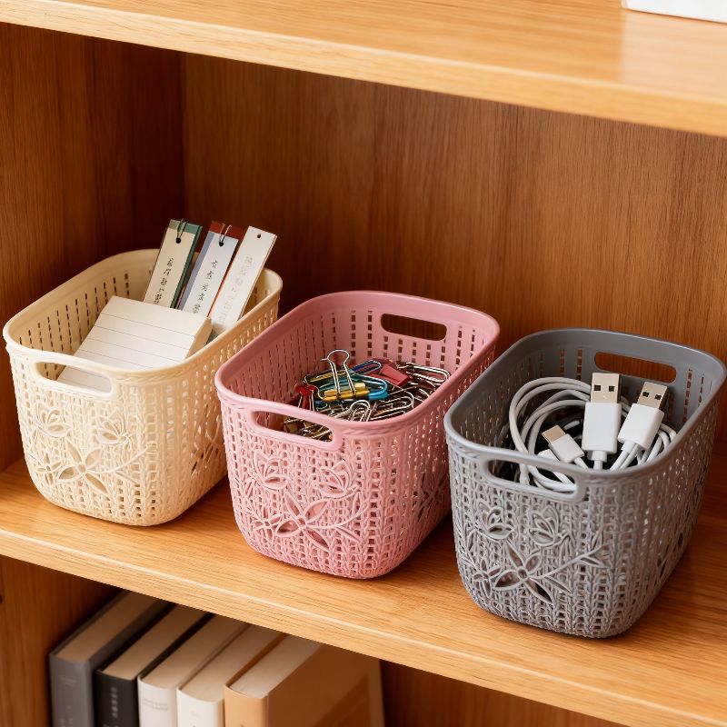 Ins-style hollowed-out butterfly plastic storage basket, home desktop clutter organizing basket, toiletries storage box, rattan weaving Specification image