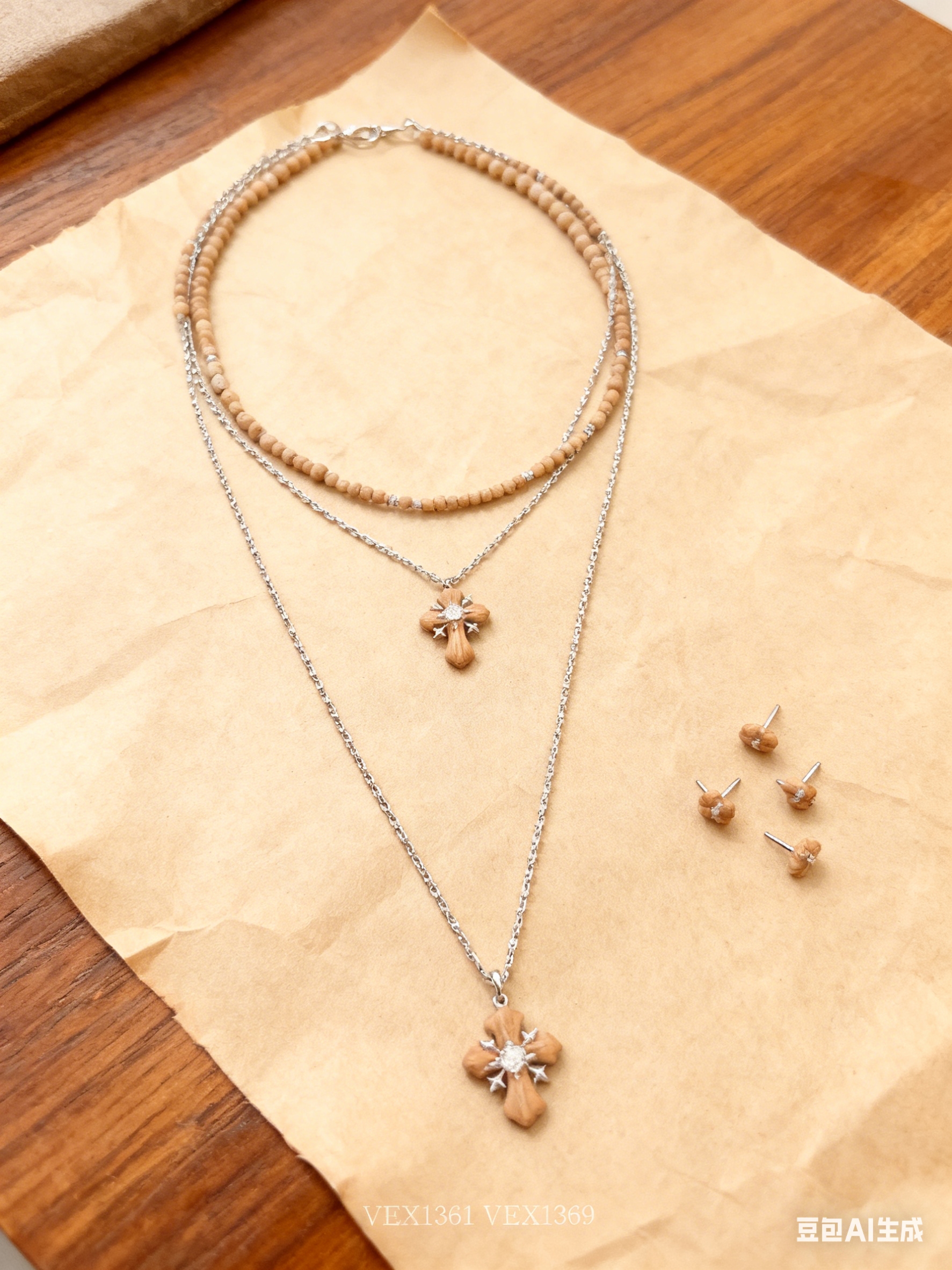 Retro cross series multi-layer pearl necklace, niche sweater chain, detachable Specification image