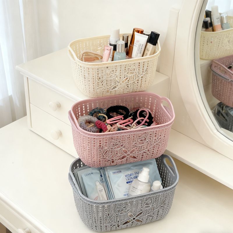 Ins-style hollowed-out butterfly plastic storage basket, home desktop clutter organizing basket, toiletries storage box, rattan weaving details Picture