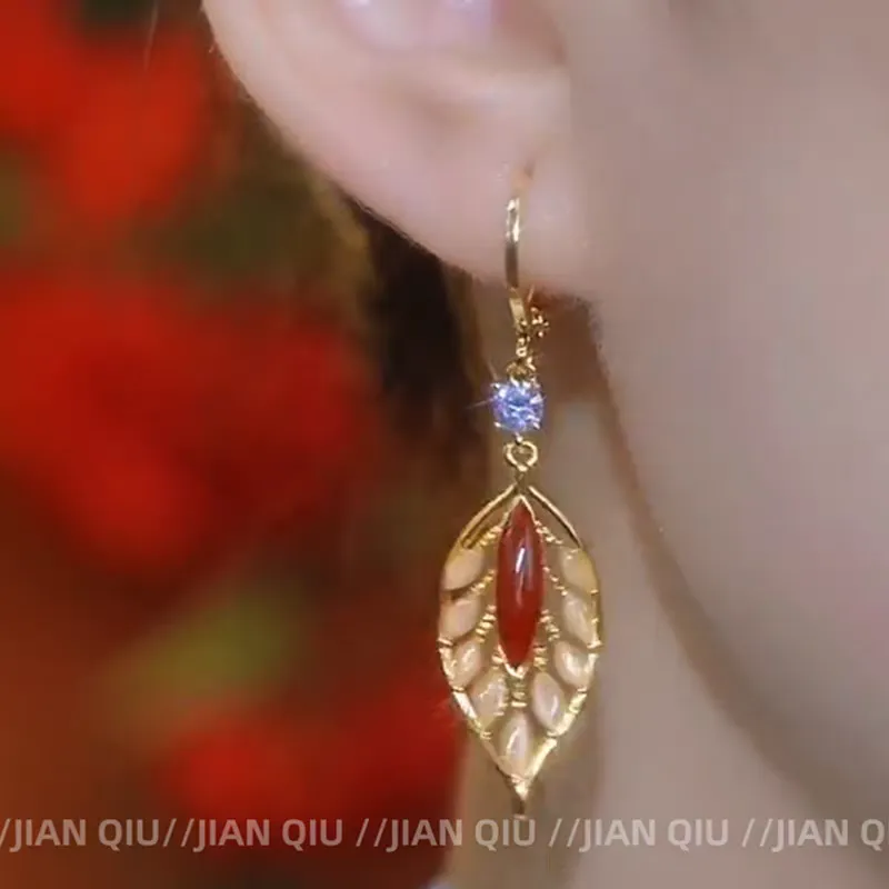 Fashionable red golden branch and jade leaf retro ear buckles, new S925 sterling silver needle, high-end Hong Kong-style light luxury earrings and earrings 0029 accessories detail image 3