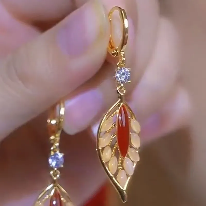 Fashionable red golden branch and jade leaf retro ear buckles, new S925 sterling silver needle, high-end Hong Kong-style light luxury earrings and earrings 0029 accessories detail image 5