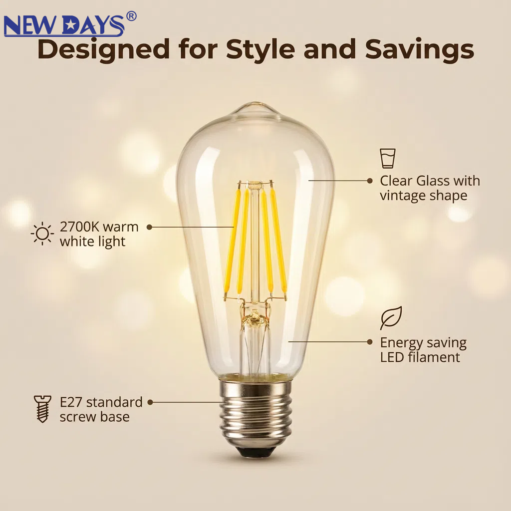 NEWDAYS brand cross-border new ST64 transparent filament lamp E27 commonly used screw-type retro American energy-saving bulb Energy-saving high-brightness ultra-long battery life limited-time discount bulb