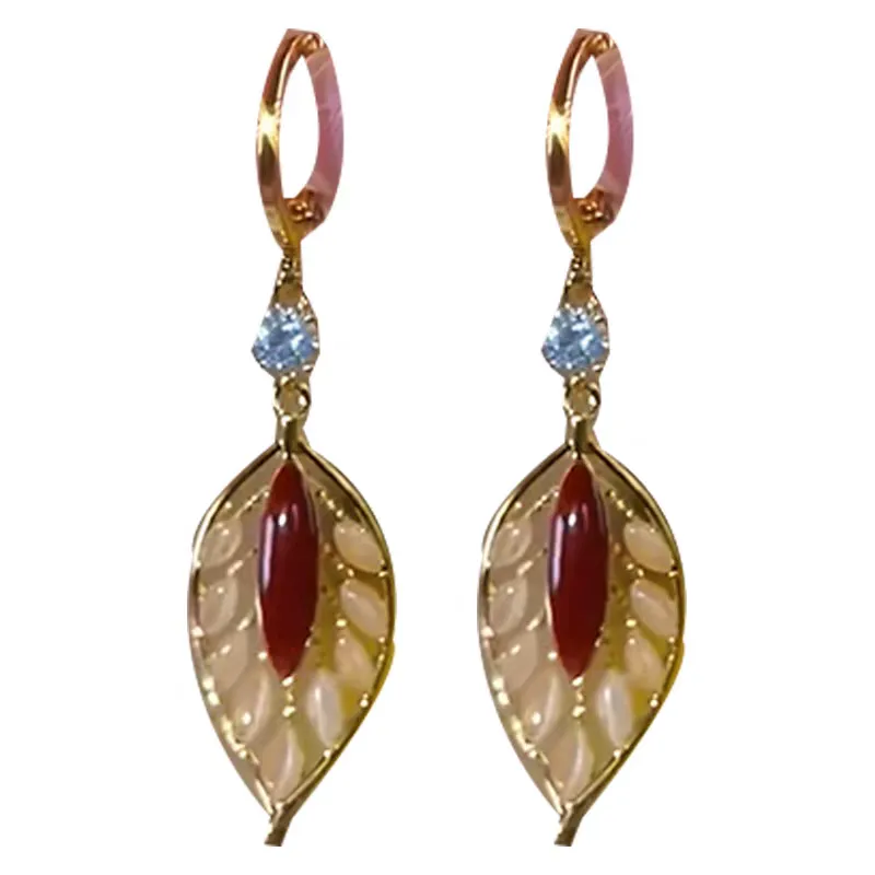 Fashionable red golden branch and jade leaf retro ear buckles, new S925 sterling silver needle, high-end Hong Kong-style light luxury earrings and earrings 0029 accessories detail image 2