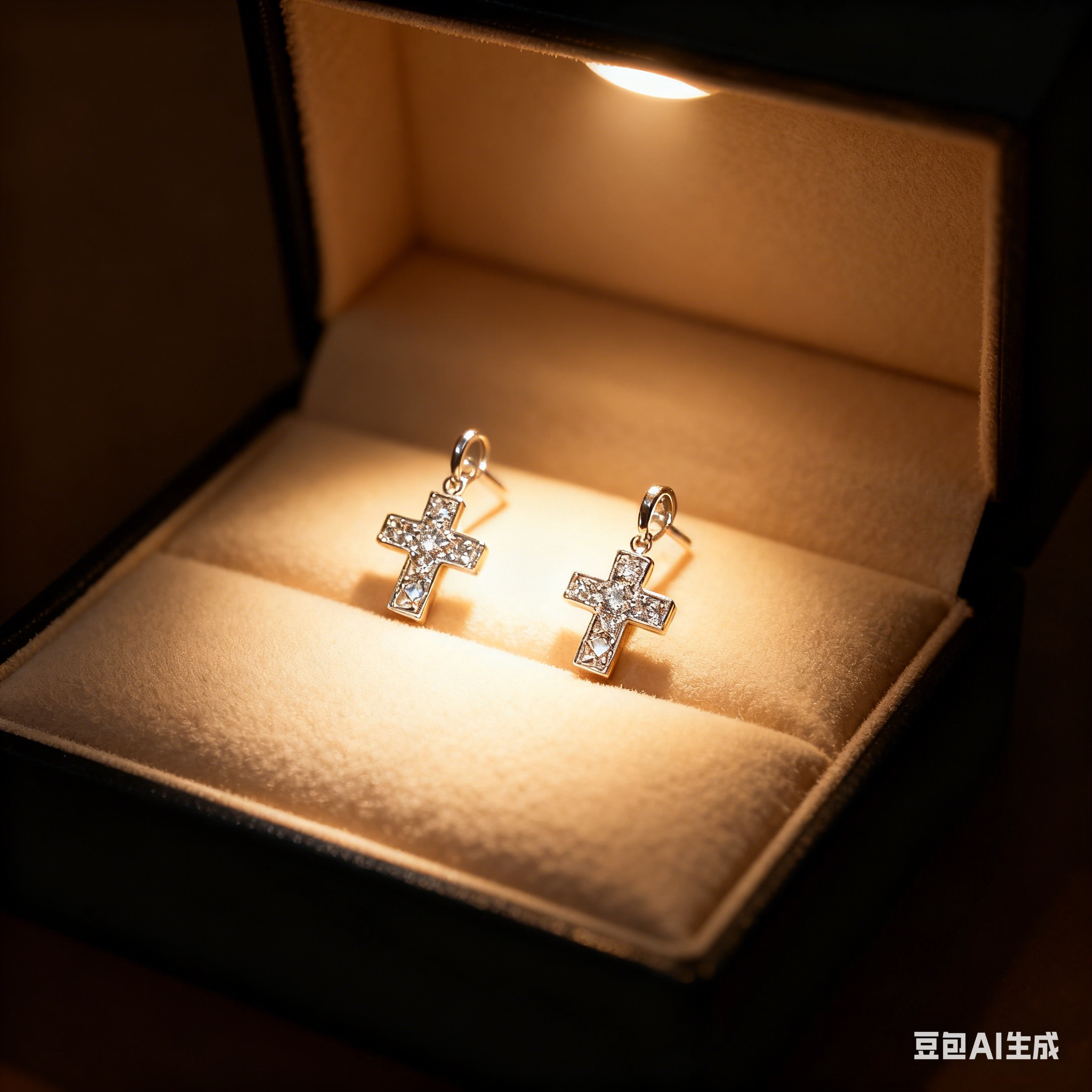 原创镶钻浅金色耳钉十字架耳环S925银耳针新款潮高级感欧美嘻哈白底实物图