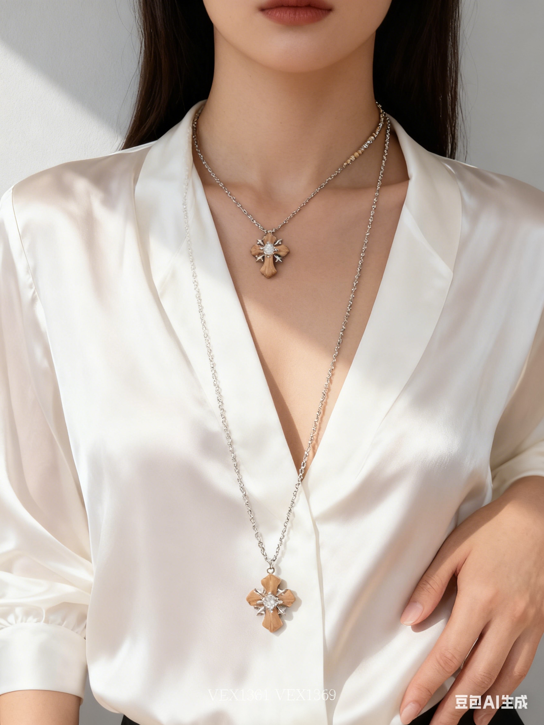 Retro cross series multi-layer pearl necklace, niche sweater chain, detachable details Picture