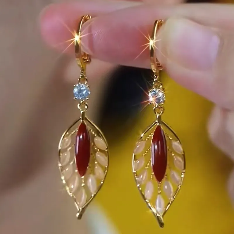 Fashionable red golden branch and jade leaf retro ear buckles, new S925 sterling silver needle, high-end Hong Kong-style light luxury earrings and earrings 0029 accessories detail image 6
