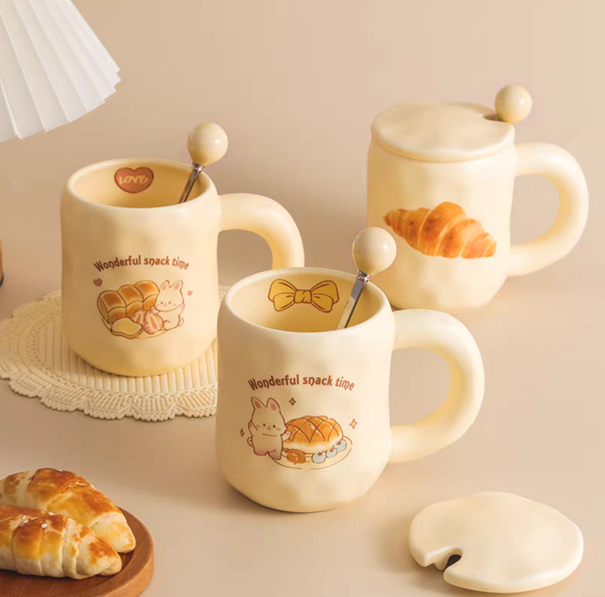 JF012 Cute milk fufu Cup Bread Mug with Lid Spoon ins Style Girls Ceramic Coffee Breakfast Cup Office detail image 2