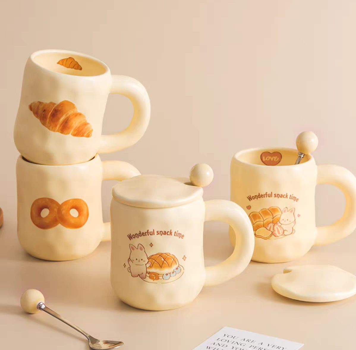 JF012 Cute milk fufu Cup Bread Mug with Lid Spoon ins Style Girls Ceramic Coffee Breakfast Cup Office detail image 4