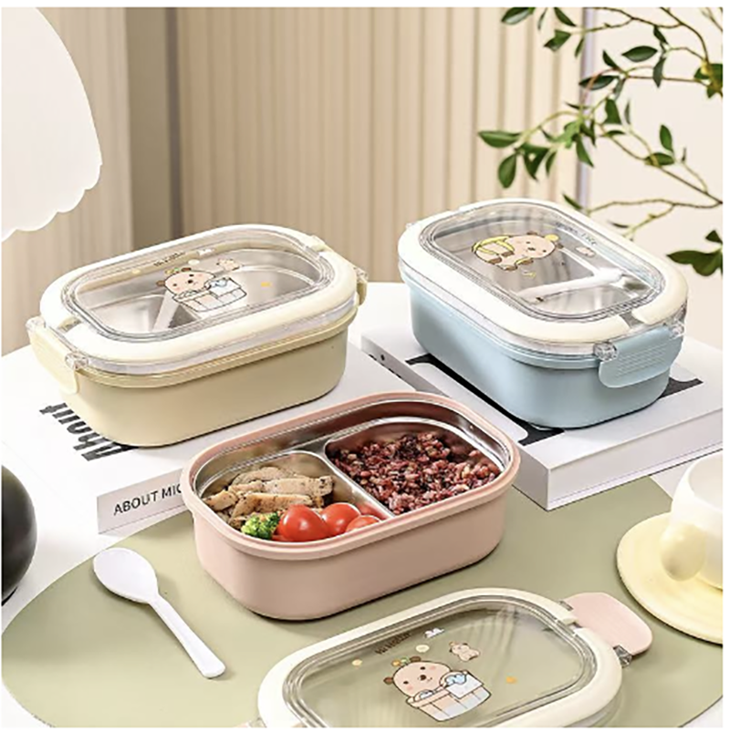 卡通小熊不锈钢分隔饭盒 多色可爱密封便当盒 学生上班族便携分格餐盒 保鲜带饭神器详情2