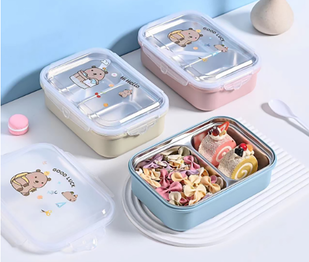卡通小熊不锈钢分隔饭盒 多色可爱密封便当盒 学生上班族便携分格餐盒 保鲜辅食带饭神器详情2