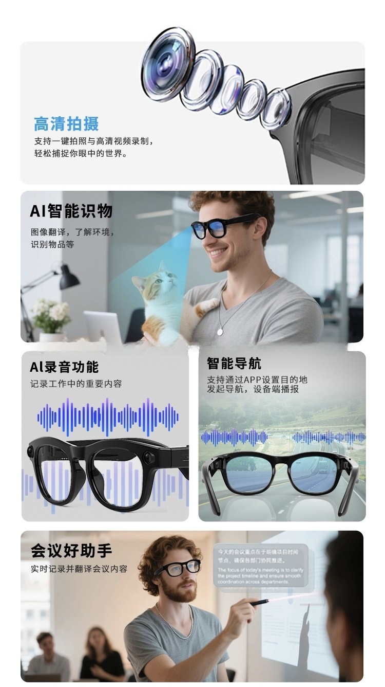 跨境热销智能眼镜AI翻译AI智能识物智能导航佩戴1080P高清拍摄详情2