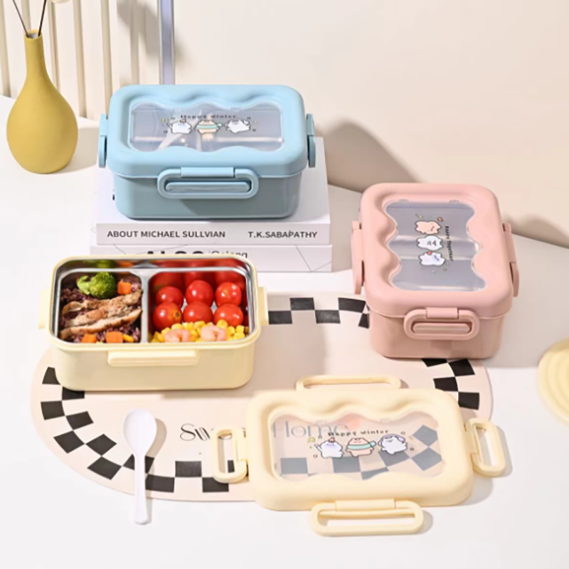 可爱卡通小动物不锈钢分隔饭盒 多色便携密封便当盒 学生上班族分格带饭餐盒 保鲜辅食盒详情2
