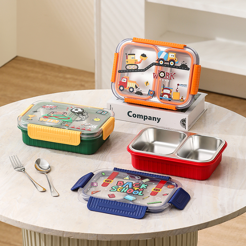 工程车卡通双格不锈钢饭盒 学生带饭便携餐盒 可爱分隔保鲜便当盒详情2