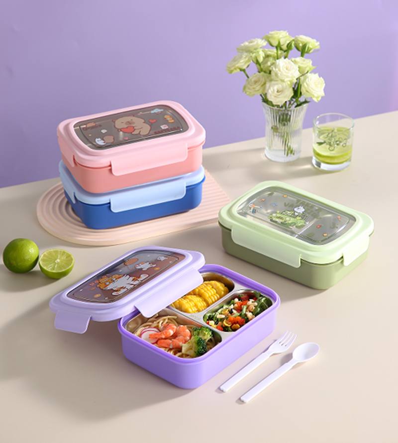 萌系卡通三格饭盒 多色学生便携餐盒 带餐具分隔不锈钢便当盒详情2